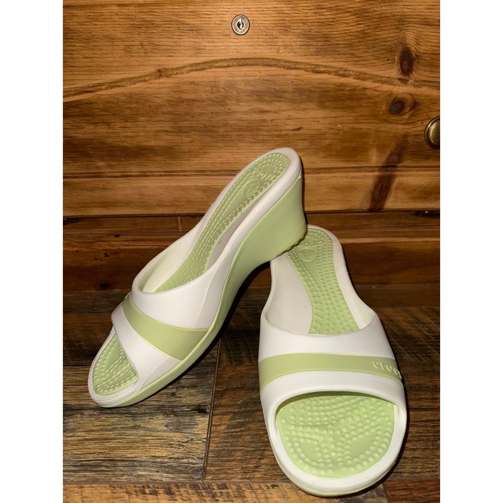 Crocs Women Sassari Wedge Sandals White Celery Green Slide 2000s Size 9